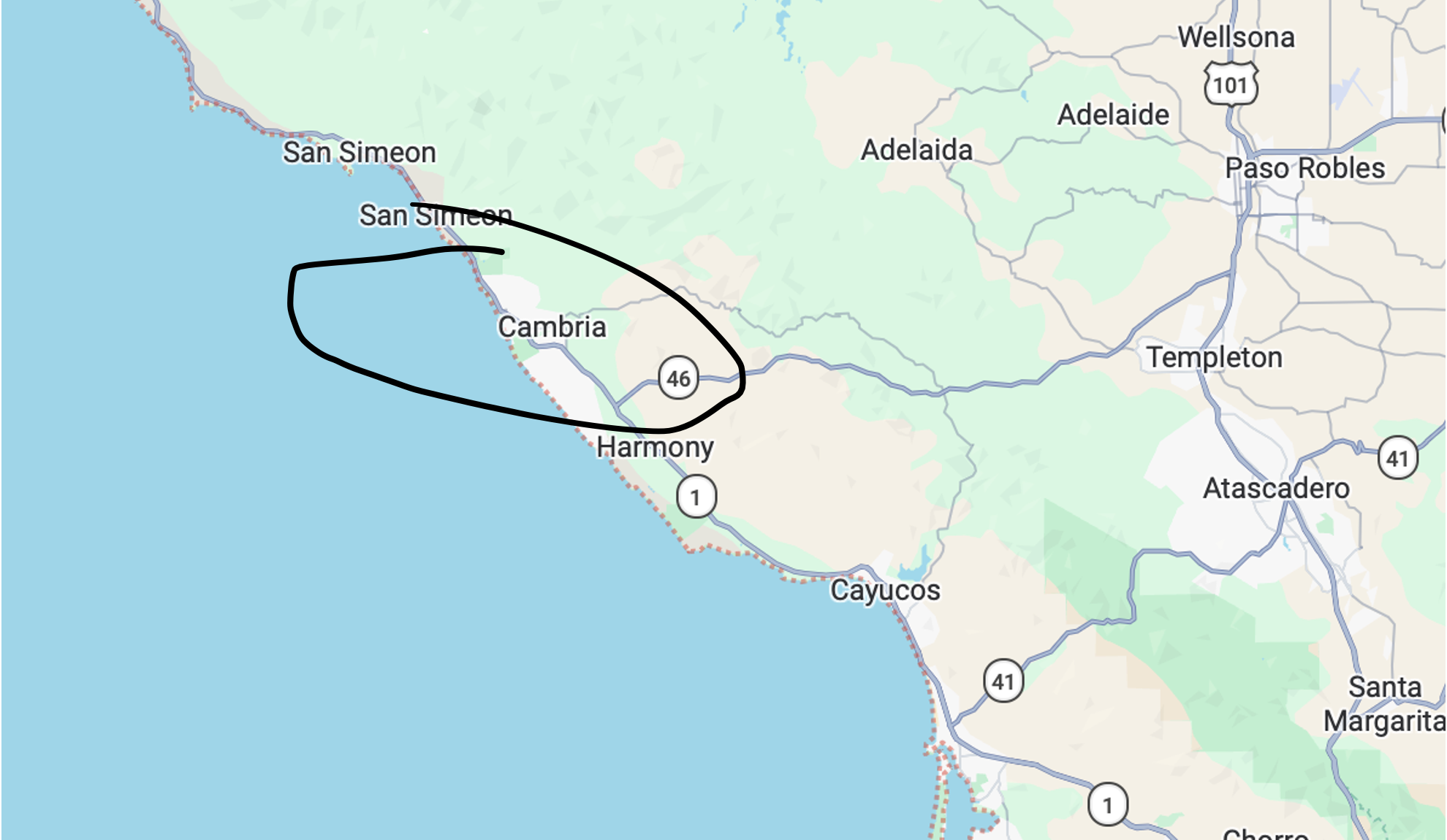 Map of California’s central coast with Cambria circled in black